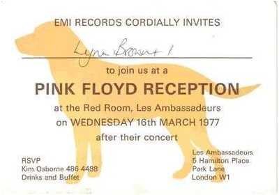 INVITATION - PINK FLOYD RECEPTION - LONDON 16.3.77